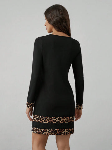Women's Autumn Long Sleeve Leopard Print Patchwork Dress Fall Women Outfits