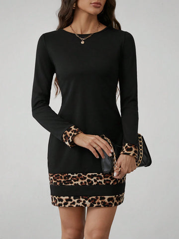 Women's Autumn Long Sleeve Leopard Print Patchwork Dress Fall Women Outfits