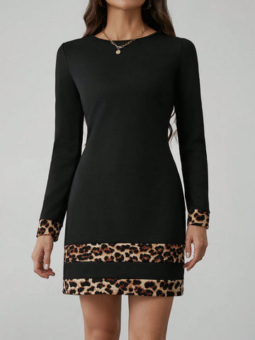 Women's Autumn Long Sleeve Leopard Print Patchwork Dress Fall Women Outfits