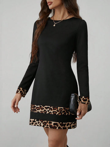 Women's Autumn Long Sleeve Leopard Print Patchwork Dress Fall Women Outfits