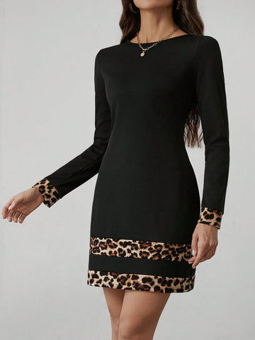 Women's Autumn Long Sleeve Leopard Print Patchwork Dress Fall Women Outfits
