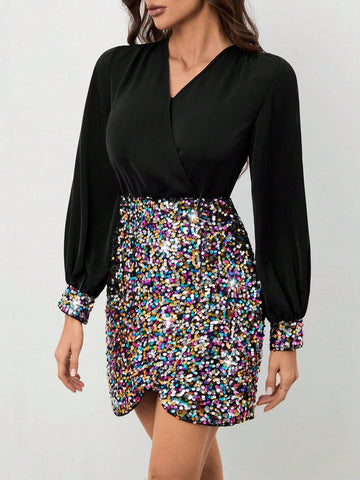 Women's Colorful Contrast Sequin Christmas Party New Year Fashion Dress, Elegant Clothes