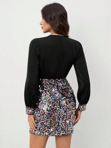 Women's Colorful Contrast Sequin Christmas Party New Year Fashion Dress, Elegant Clothes