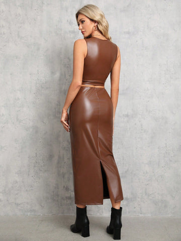 Women's Crop Pu Vest And Skirt Set