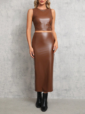 Women's Crop Pu Vest And Skirt Set