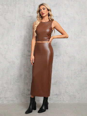 Women's Crop Pu Vest And Skirt Set