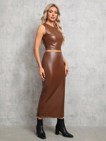 Women's Crop Pu Vest And Skirt Set