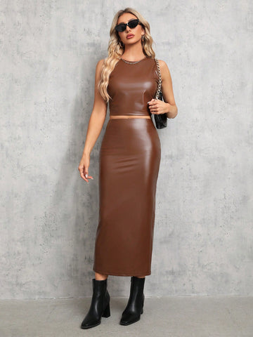 Women's Crop Pu Vest And Skirt Set