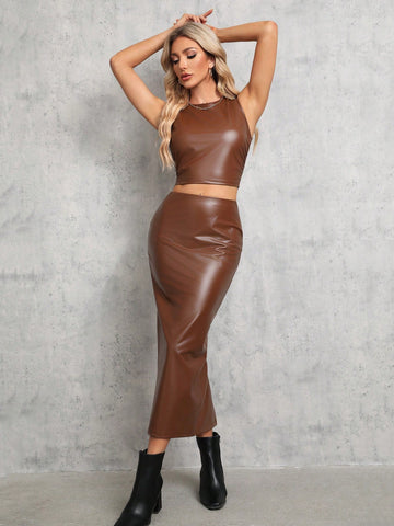 Women's Crop Pu Vest And Skirt Set