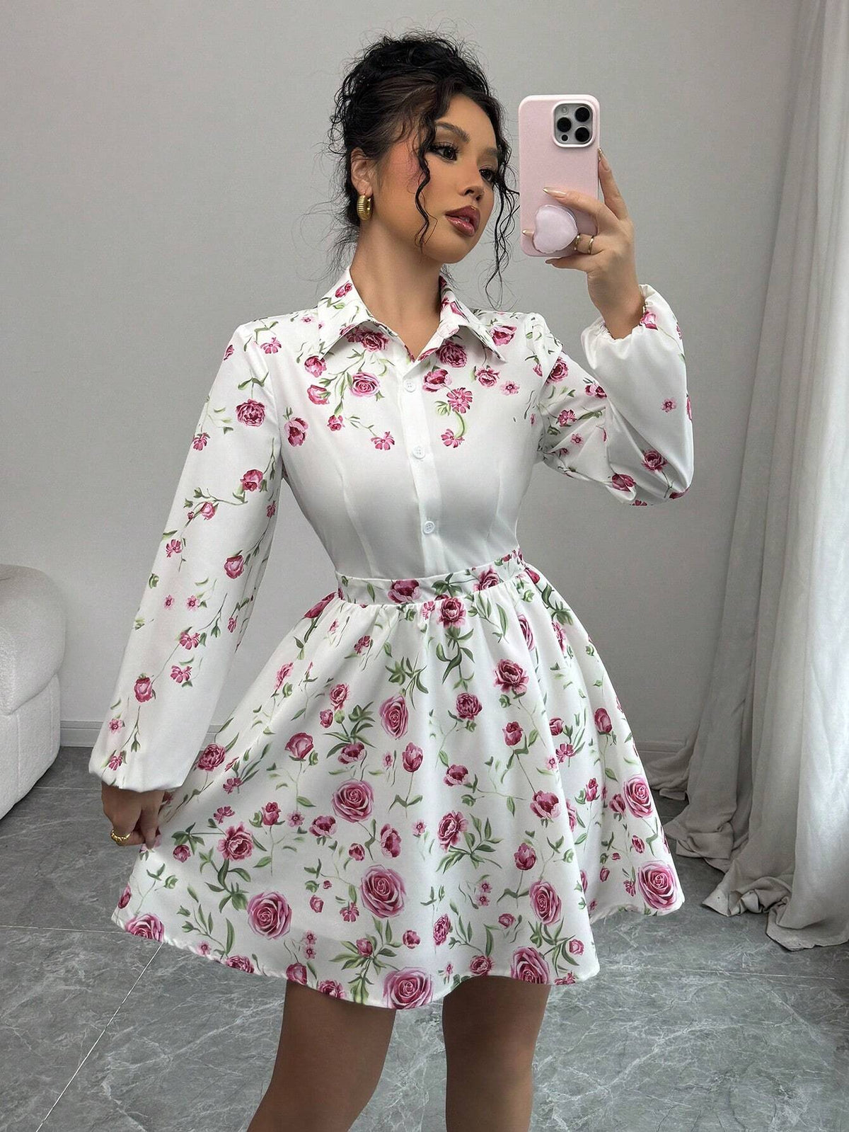 Women's Digital Print Waist Flattering A-Line Short Shirt Dress