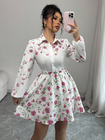 Women's Digital Print Waist Flattering A-Line Short Shirt Dress