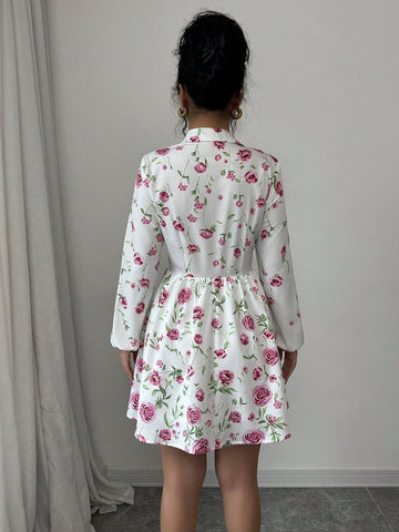 Women's Digital Print Waist Flattering A-Line Short Shirt Dress