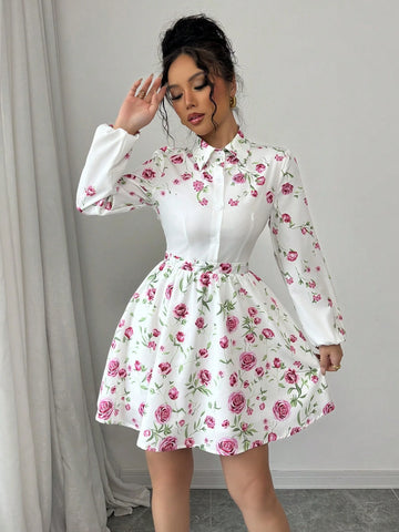 Women's Digital Print Waist Flattering A-Line Short Shirt Dress