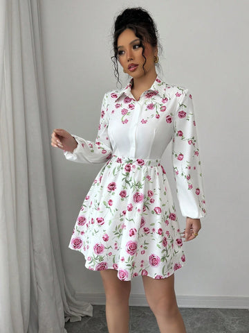 Women's Digital Print Waist Flattering A-Line Short Shirt Dress