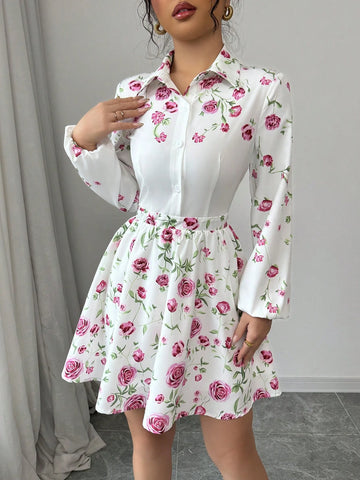 Women's Digital Print Waist Flattering A-Line Short Shirt Dress