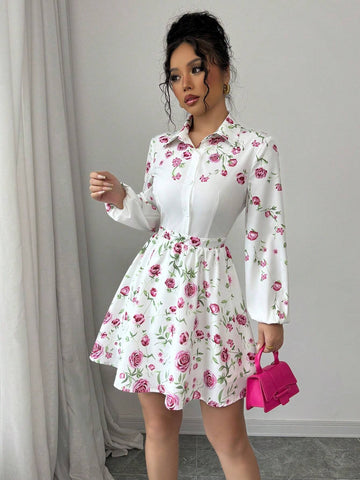 Women's Digital Print Waist Flattering A-Line Short Shirt Dress