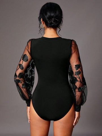 Women's Floral Embroidered Mesh Lantern Sleeve Jumpsuit