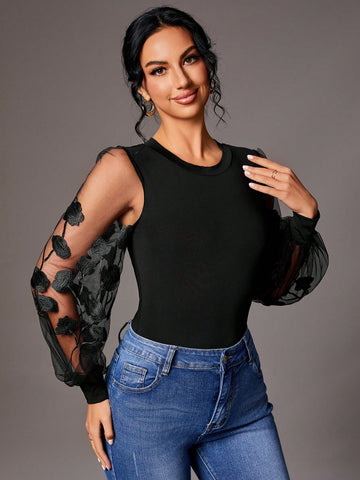 Women's Floral Embroidered Mesh Lantern Sleeve Jumpsuit