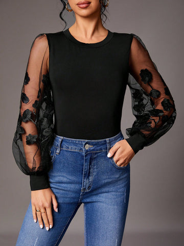 Women's Floral Embroidered Mesh Lantern Sleeve Jumpsuit