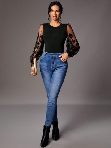 Women's Floral Embroidered Mesh Lantern Sleeve Jumpsuit