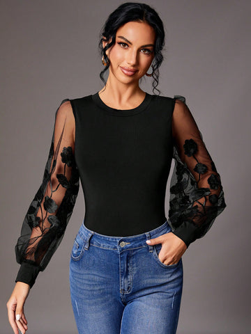 Women's Floral Embroidered Mesh Lantern Sleeve Jumpsuit