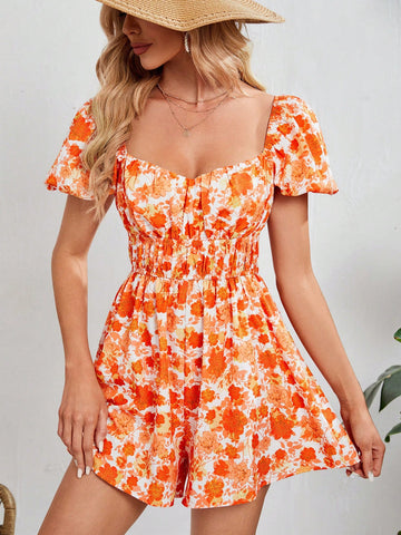 Women's Floral Printed Lantern Sleeve Romper Shorts