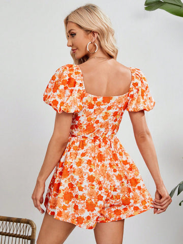 Women's Floral Printed Lantern Sleeve Romper Shorts