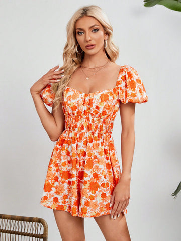 Women's Floral Printed Lantern Sleeve Romper Shorts