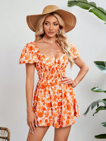 Women's Floral Printed Lantern Sleeve Romper Shorts