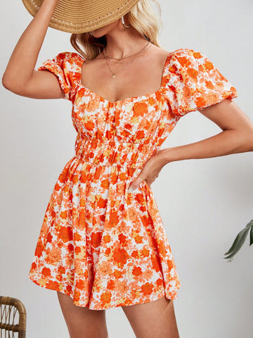 Women's Floral Printed Lantern Sleeve Romper Shorts