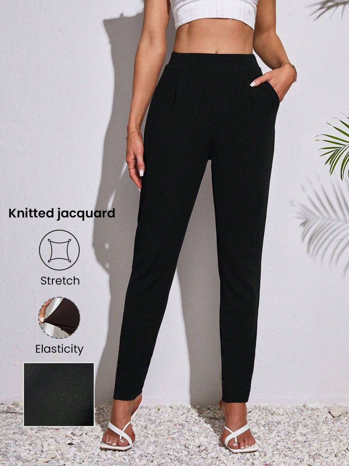 Tall Women's High-Waisted Black Pants With Pleats And Tight Fit Pockets