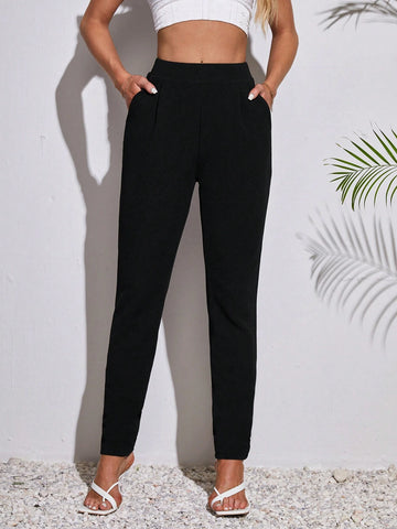 Tall Women's High-Waisted Black Pants With Pleats And Tight Fit Pockets