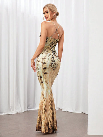 Women's Leopard Print Spaghetti Strap Mermaid Dress Spring Summer Women's Bachelorette