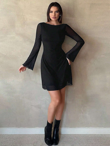 Women's New Sexy Backless Trumpet Sleeve Mesh Dress For Early Autumn