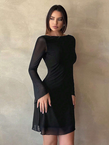 Women's New Sexy Backless Trumpet Sleeve Mesh Dress For Early Autumn