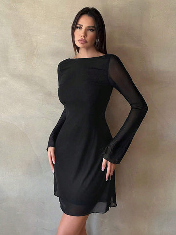 Women's New Sexy Backless Trumpet Sleeve Mesh Dress For Early Autumn