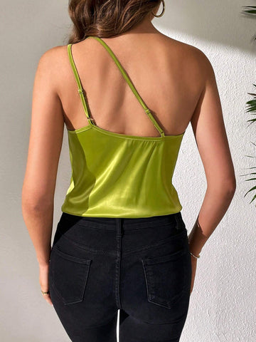 Women's One Shoulder Sleeveless Bodysuit With Draped Neckline