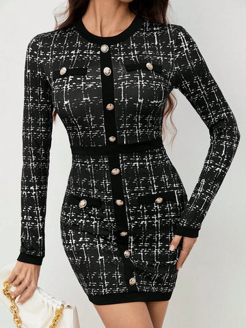 Women's Plaid Crew Neck Long Sleeve Button Design Elegant Work Midi Dress, Autumn