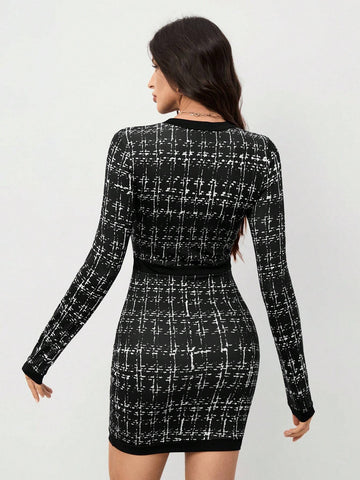 Women's Plaid Crew Neck Long Sleeve Button Design Elegant Work Midi Dress, Autumn