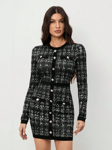Women's Plaid Crew Neck Long Sleeve Button Design Elegant Work Midi Dress, Autumn
