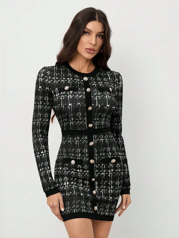 Women's Plaid Crew Neck Long Sleeve Button Design Elegant Work Midi Dress, Autumn