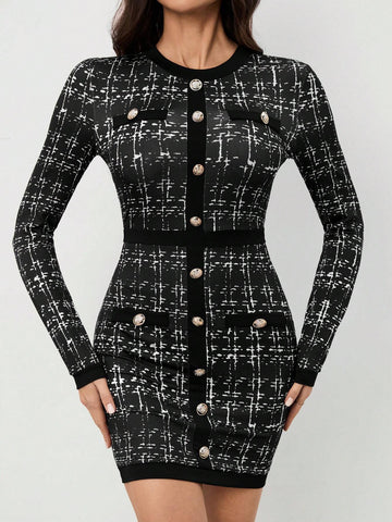 Women's Plaid Crew Neck Long Sleeve Button Design Elegant Work Midi Dress, Autumn