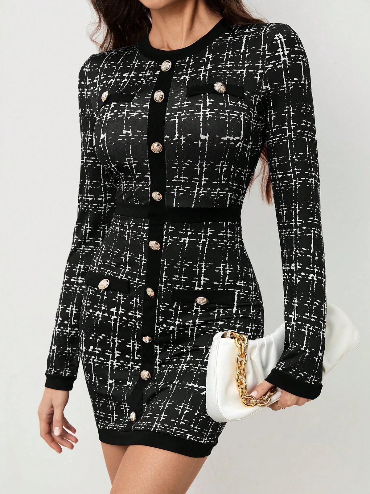 Women's Plaid Crew Neck Long Sleeve Button Design Elegant Work Midi Dress, Autumn