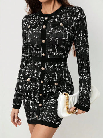 Women's Plaid Crew Neck Long Sleeve Button Design Elegant Work Midi Dress, Autumn