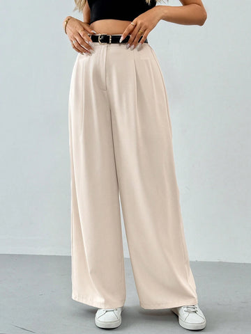 Tall Women's Pleated High Waist Belted Wide Leg Casual & Commuting Pants In Beige