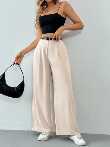 Tall Women's Pleated High Waist Belted Wide Leg Casual & Commuting Pants In Beige