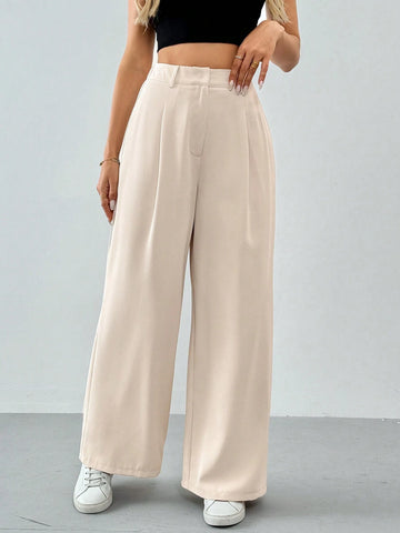 Tall Women's Pleated High Waist Belted Wide Leg Casual & Commuting Pants In Beige