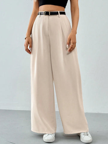 Tall Women's Pleated High Waist Belted Wide Leg Casual & Commuting Pants In Beige