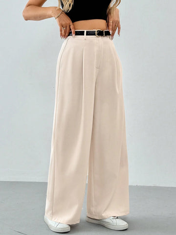 Tall Women's Pleated High Waist Belted Wide Leg Casual & Commuting Pants In Beige
