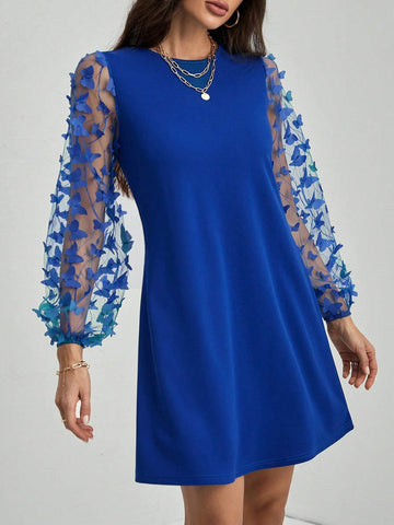 Women's Round Neck Long Sleeve Butterfly Design Fashion Elegant Elegant Charming Dress